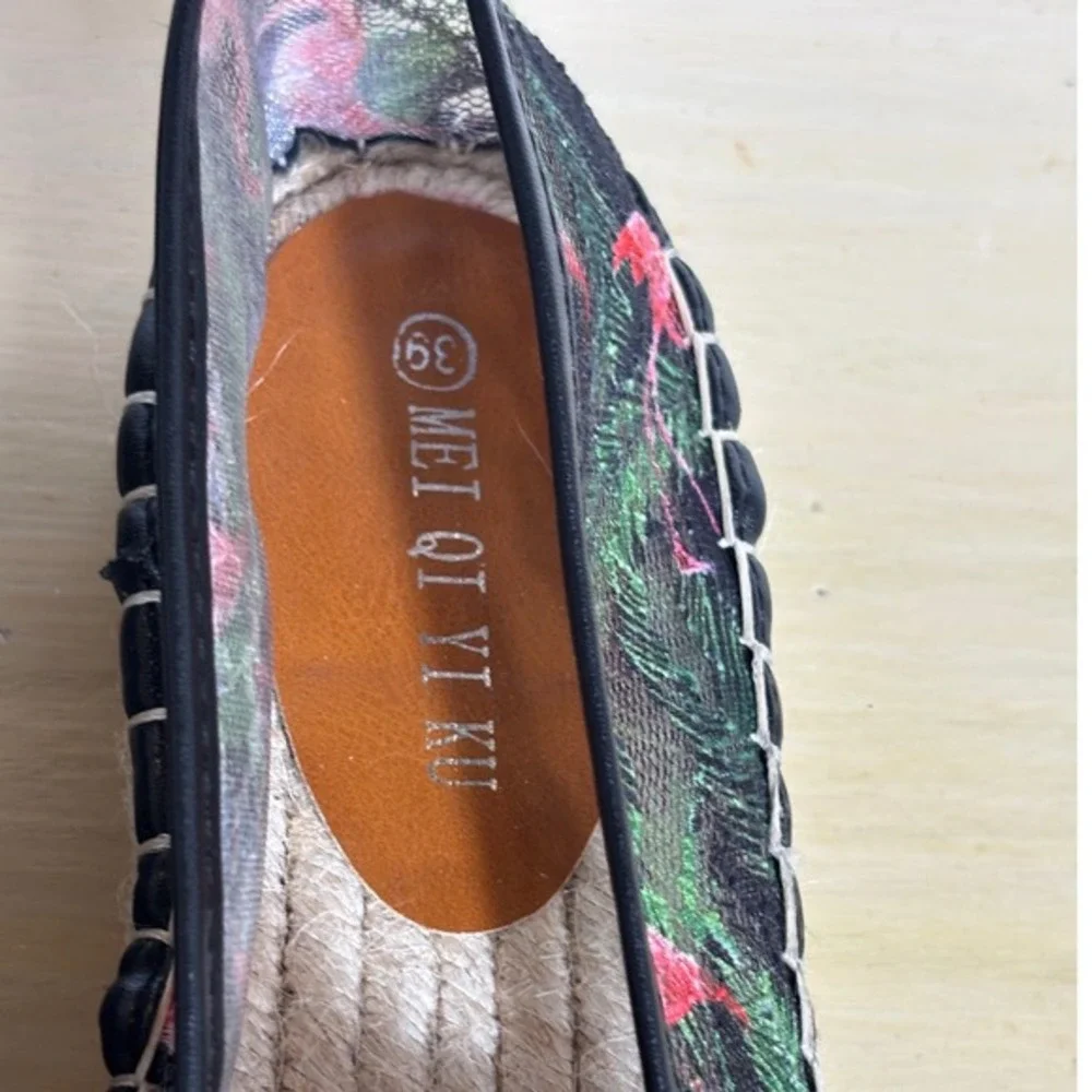 Mei Qi‎ Yi Ku Women Flamingo Tropical Lace Mesh Espadrille Flats Black Green 39
